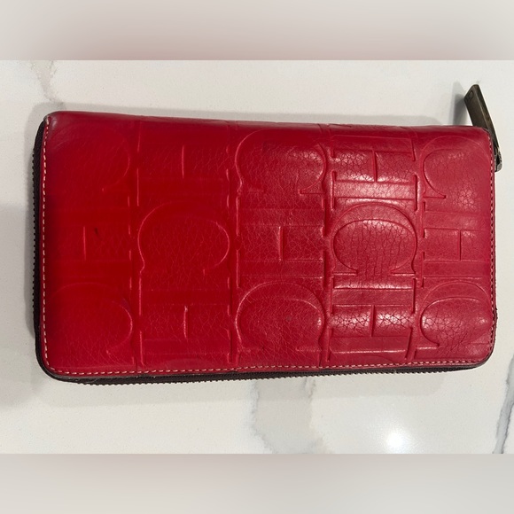 CAROLINA HERRERA Red Monogram Embossed Leather Zipper Continental Wallet - Picture 6 of 14